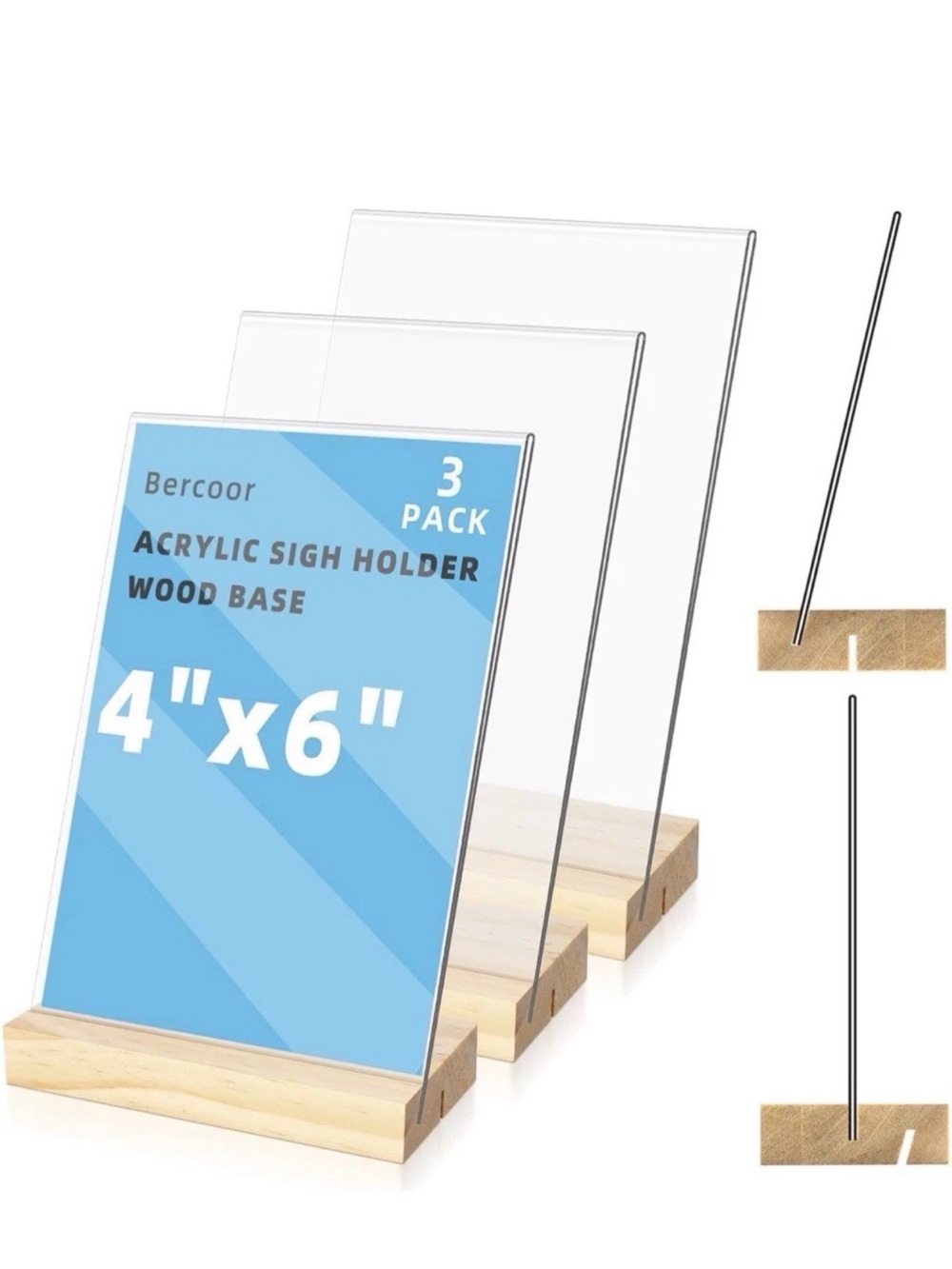 Bercoor Clear Acrylic Sign Holders with Natural Wood Base - 4" x 6" (3 Pack)
